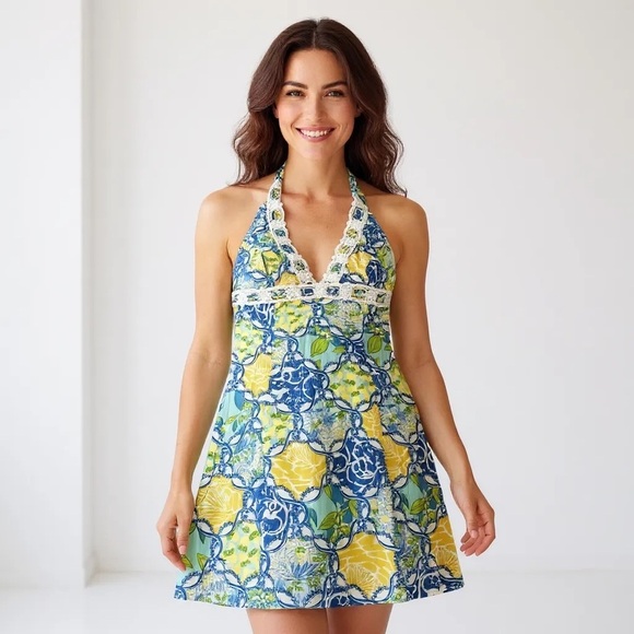 LILLY PULITZER 4 S Blue Yellow Floral Halter Macrame Detail Dress R $198 - Picture 10 of 11